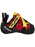 The Scarpa Furia S Climbing Shoe, shown in red, black, and yellow with Vibram XS Grip2 rubber, velcro straps, and a rubber toe, is ideal for steep bouldering. Side view highlights branding and an Italian flag detail.