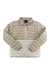 The Marmot Womens Highlander Down Jacket in light tan and beige features a zip front, stand-up collar, horizontal quilting, lightweight insulation, a chest pocket, and the Marmot logo on the left chest.