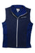 The Spyder Men's Encore Fleece Vest is a sleeveless navy blue vest with a full white zipper, side zip pockets, a high collar, and the white embroidered Spyder logo on the left chest.