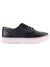 A black leather low-top lace-up sneaker with a thick white sole, shown in side profile. The Sperry Women's Endeavor CVO Shoe features a cushioned footbed for casual, all-day comfort.