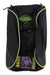 The Sportube Traveler Boot Bag is a black backpack with neon green trim, visible side zippers, a top handle, and the Sportube logo on the front. It’s ideal for snowboard boots and includes a product tag with images and text at the bottom.