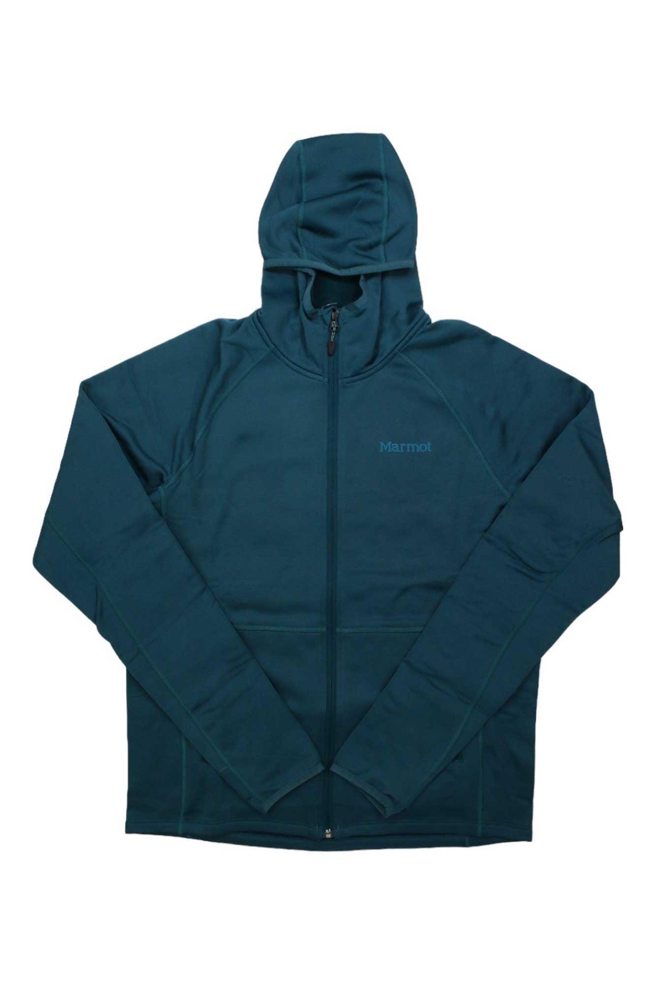 A Mens Olden Polartec Hoody by Marmot in teal, featuring a front zipper, two side pockets, and the Marmot logo on the chest, laid flat on a white background.