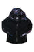 The Spyder Women's Balance GTX Jacket is a black GORE-TEX jacket with front zipper and hood, detailed with abstract purple, blue, and white splatter patterns on the hood lining and sleeves. It features PrimaLoft insulation for warmth and comfort.