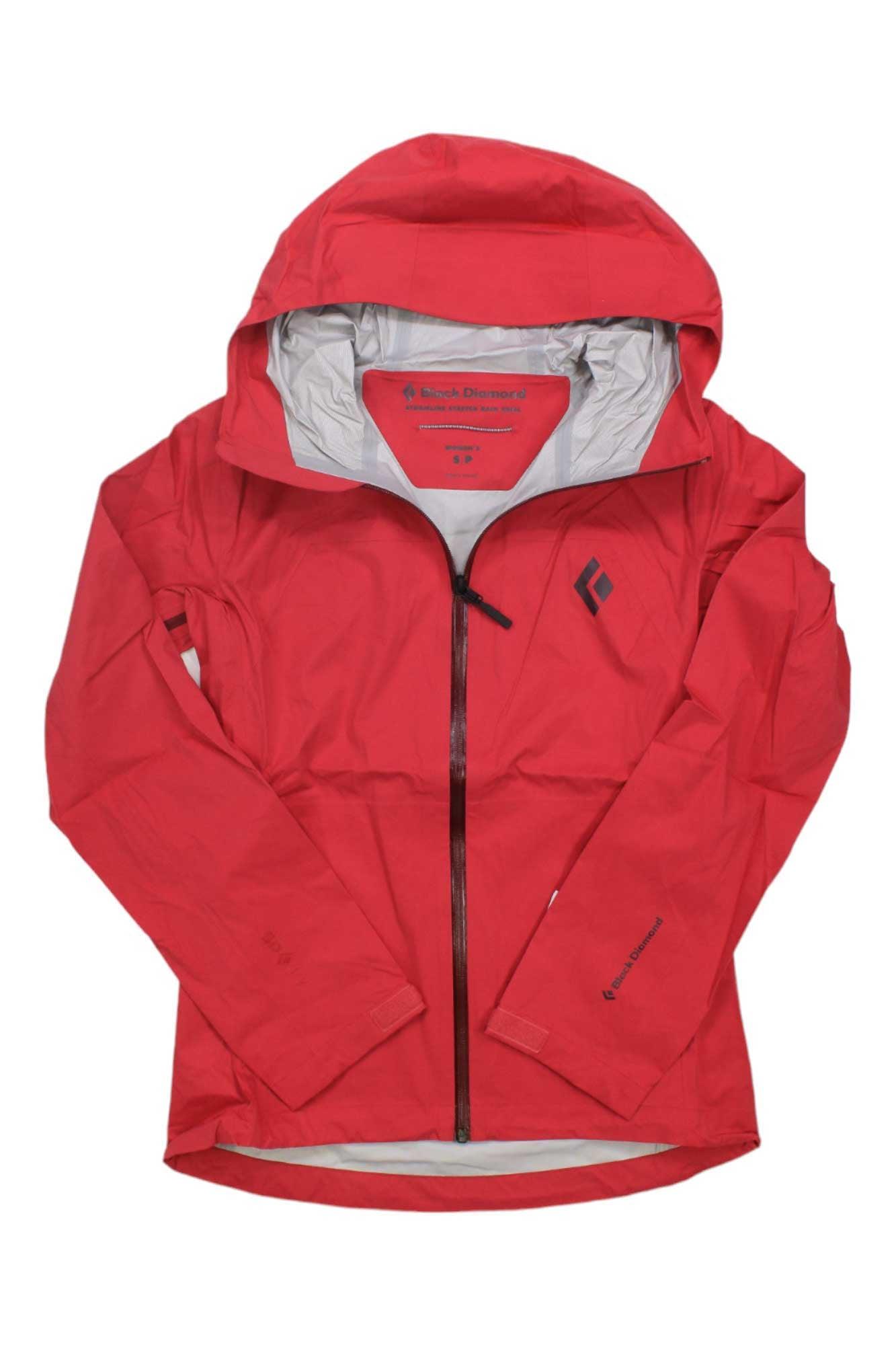 The Black Diamond Womens StormLine Stretch Rain Shell is a bright red waterproof, breathable jacket with long sleeves, a front zipper, and a small left chest logo. It is displayed flat on a white background.
