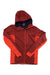 The Norrona Mens Falketind Warm2 Octa Hood is a red and maroon technical fleece with a front zipper, long sleeves, left chest logo, fitted design, breathable fabric, and contrasting color panels on the sleeves and sides.