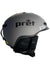 The Pret Men's Cynic X2 Ski Helmet features a matte gray finish, crown logo on the side, black ear covers and chin strap, adjustable venting with ventilation holes, plus a QR code sticker near the back.