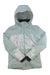 The Spyder Women's Field Jacket is a light mint green, waterproof ski jacket featuring a white and mint abstract chest and arm pattern, full front zipper, and side pockets.