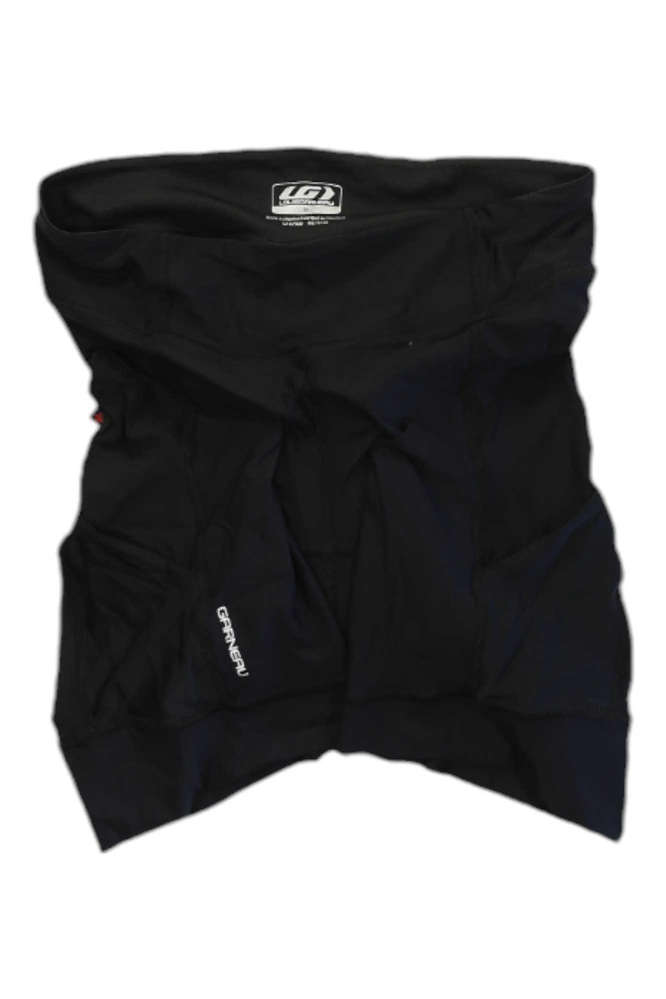 The Louis Garneau Womens Neo Power Motion 7 Short in black, made from quick-drying, compressive fabric with multiple pockets and the Garneau logo, is displayed on a white background.