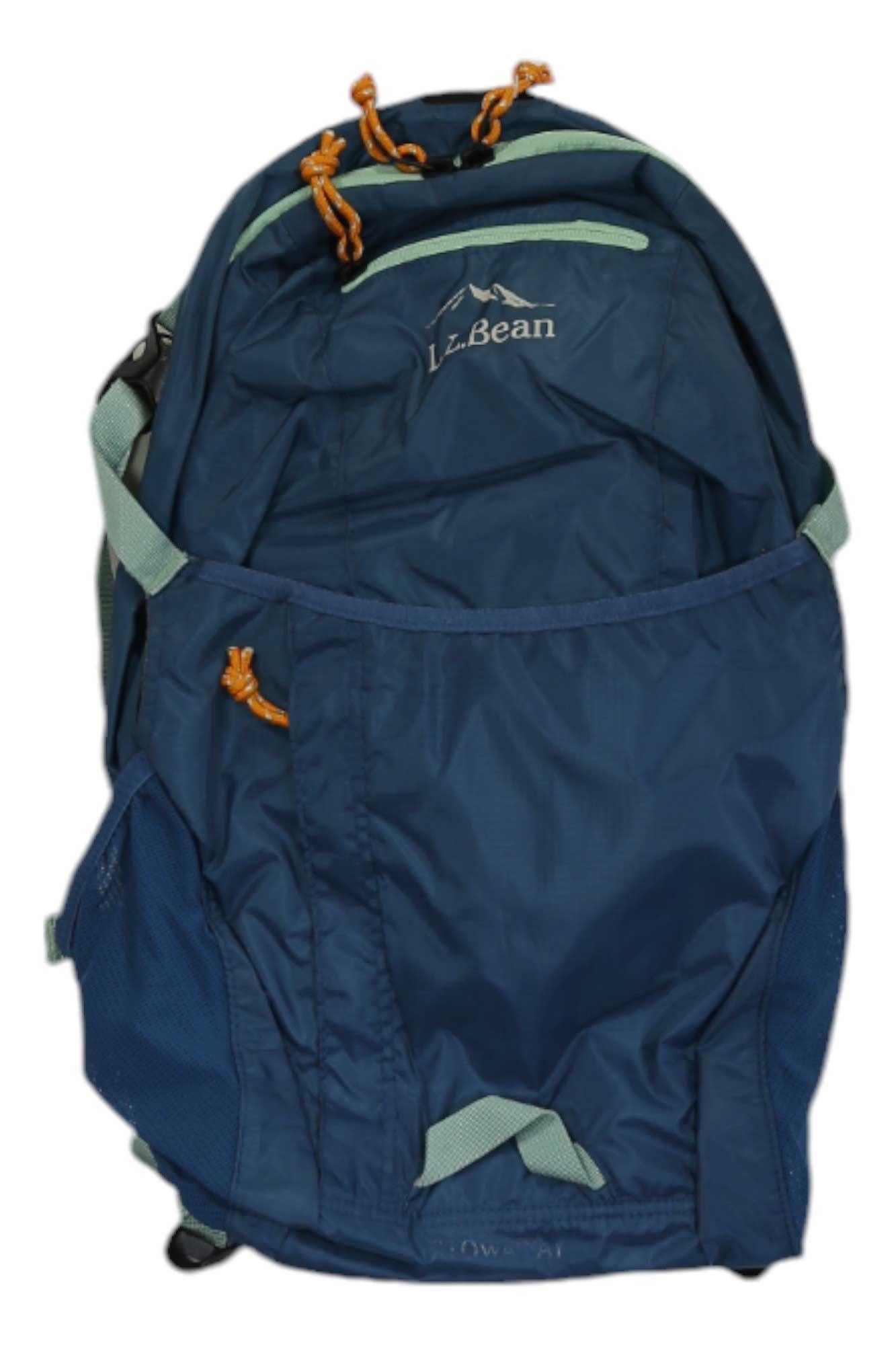 L.L.Bean stowaway pack with orange accents and front zip panel, dark navy