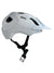 The POC Sports Axion Helmet in white features a visor, ventilation holes, and an adjustable black chin strap for extended protection, displayed from the side on a white background.