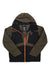 The Picture Men's Kory Jacket features olive green sleeves and hood, a black body and front, an orange diagonal zipper, and a black zipper pocket on the left chest—ideal for skiing and snowboarding.