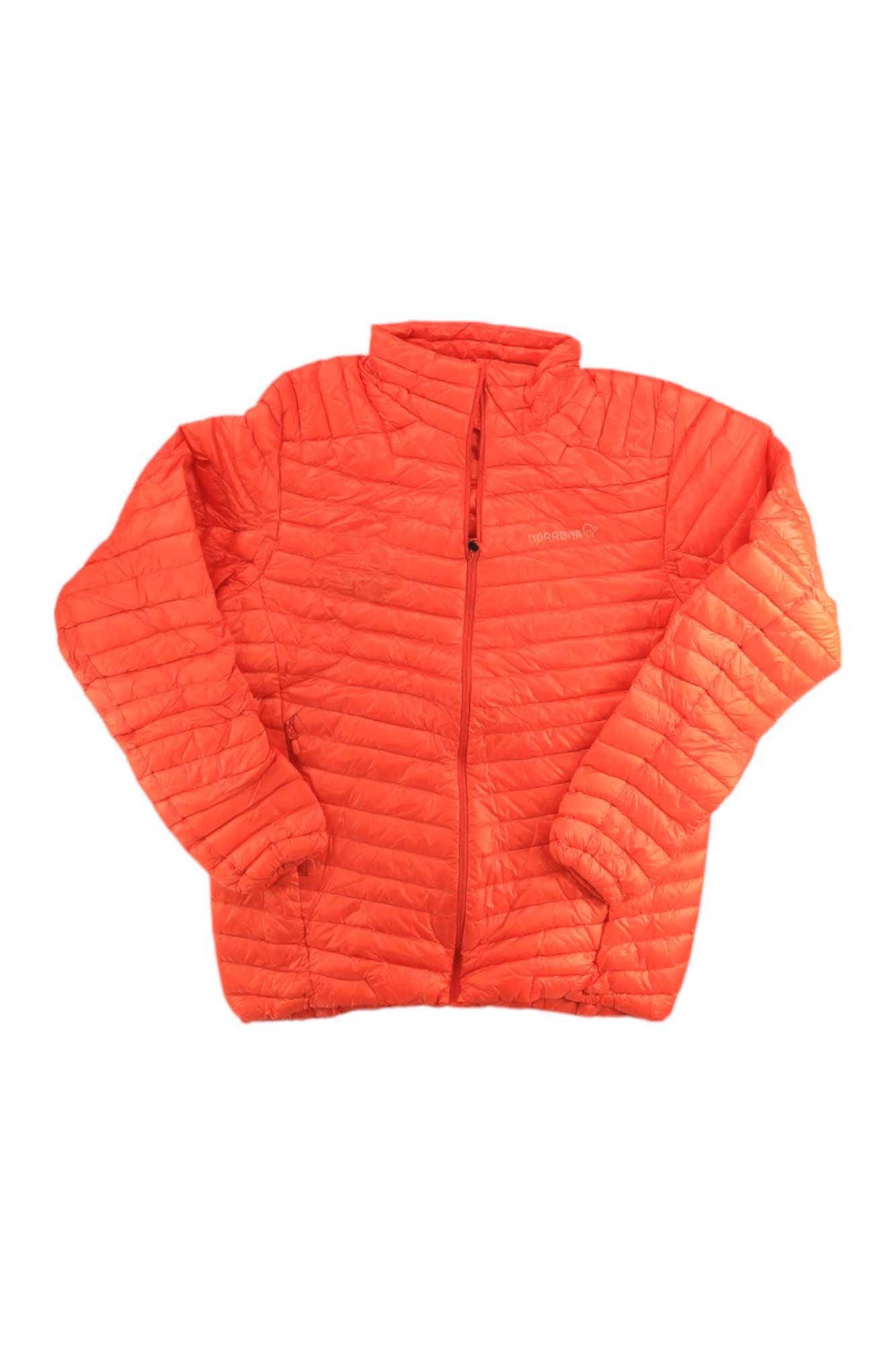 The Norrona Men's Trollveggen Superlight Down850 Jacket, in bright orange, features a quilted design, lightweight insulation, front zipper, long sleeves, and a high collar, shown laid flat on a white background.