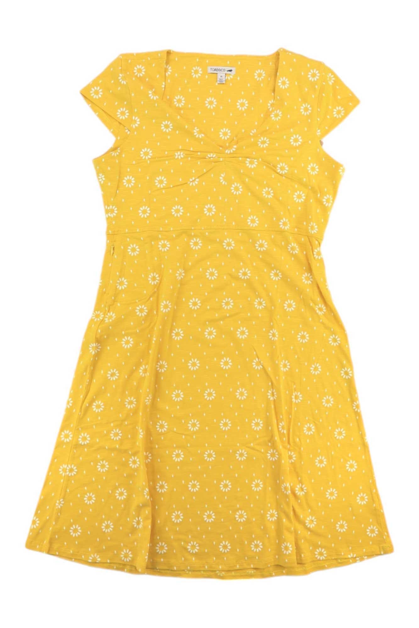 The Toad & Co Women's Rosemarie Dress is a yellow, short-sleeved organic cotton dress featuring a sweetheart neckline and white floral pattern, shown laid flat on a white background.