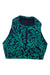 The Sweaty Betty Women's Power Contour Zip Bra is a sleeveless, medium-impact athletic crop top with moisture-wicking fabric and a blue and green abstract pattern, shown on a white background.