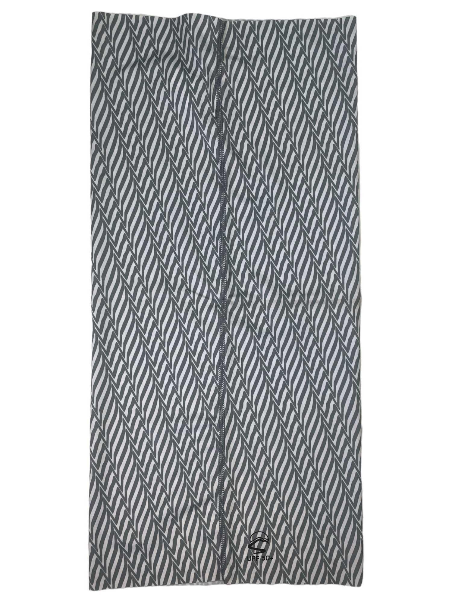 The Sunday Afternoons UVShield Cool Gaiter is a rectangular fabric with a repeating diagonal gray and white leaf pattern and a small black circular logo, offering UPF 50+ sun protection for extra coverage.