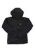 The Haglofs Womens Spire Mimic Hoodie is a black quilted jacket with synthetic Mimic Gold insulation, a front zipper, two side pockets, and white logos on the left chest and near the left hem.