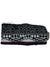 The Pistil Womens Isabetta Headband features black-and-white geometric and snowflake patterns, a fuzzy chenille-edge lining, and a touch of maroon on the bottom trim—making it a cozy and stylish travel accessory.