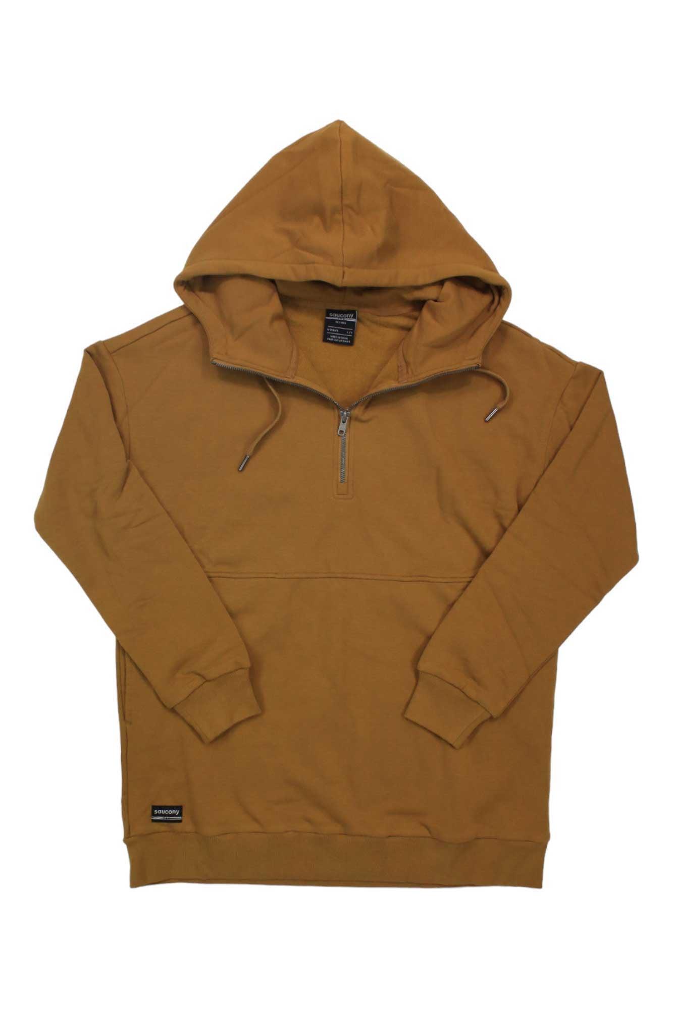 The Saucony Women's Recovery Zip Tunic Top in brown features a relaxed fit, partial front zipper, hood with drawstrings, long sleeves, and ribbed cuffs and hem—your post-workout essential shown flat on a white background.