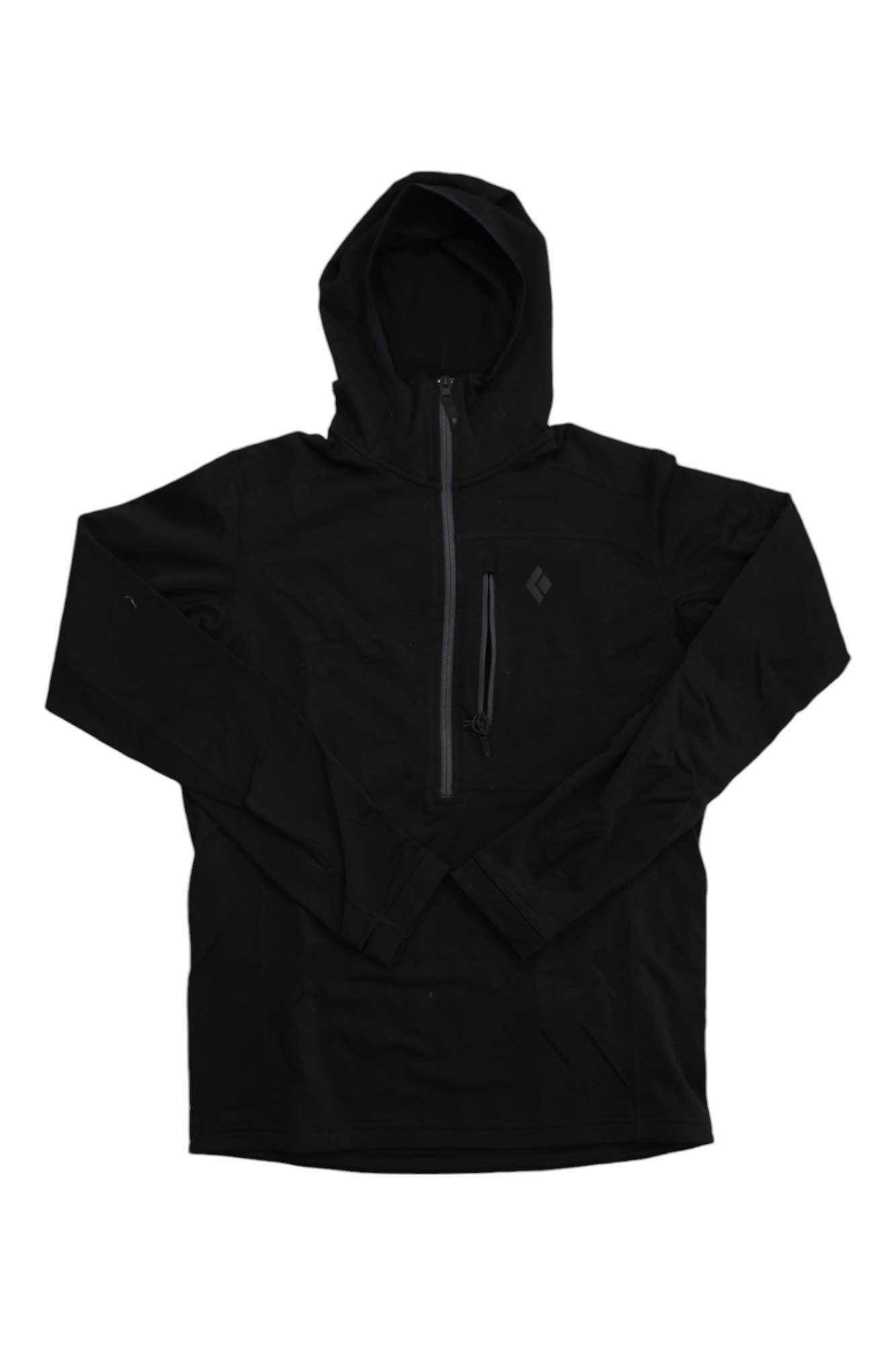 The Black Diamond Mens Coefficient 1/4 Zip Fleece Hoody is a black hooded pullover with a quarter-zip front, zippered chest pocket, long sleeves, Polartec Power Grid fabric, and a subtle logo on the left chest.