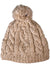 The Pistil Womens Riley Hat is a beige hand-knit winter hat with a large pom-pom and thick cable-knit pattern, perfect for cozy warmth.