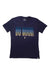 The Cotopaxi Womens Do Good Repeat T-Shirt is navy blue, features "DO GOOD." three times in blue, light blue, and tan on the front, plus a small logo below. Made from organic cotton for sustainable outdoor style.