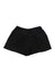 A pair of Toad & Co Women's Chaka 4 Inch Shorts in black, featuring a wide waistband and moisture-wicking fabric, is displayed flat on a white background.
