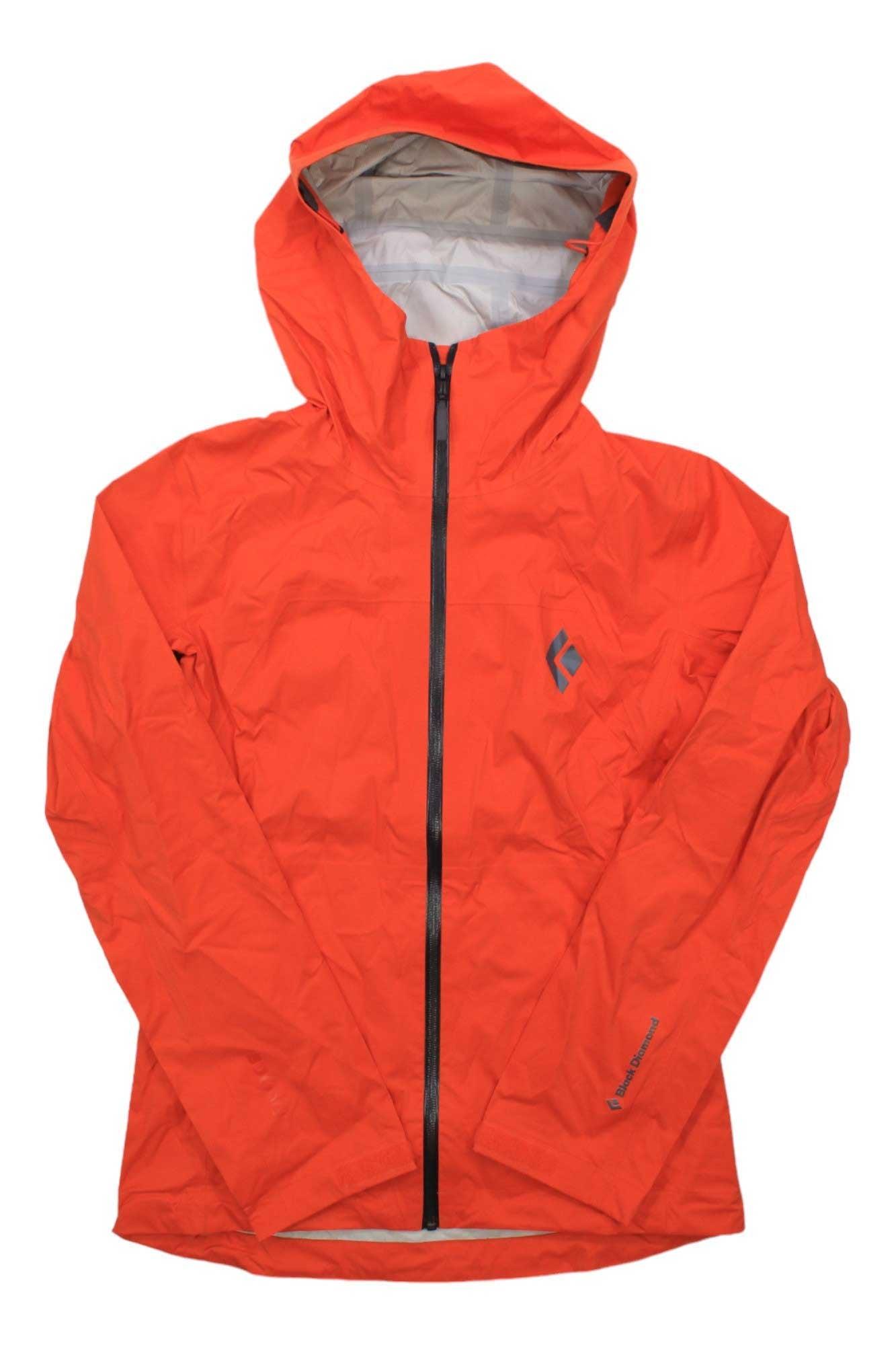 The Black Diamond Women's StormLine Stretch Rain Shell is a bright orange, lightweight, packable jacket with front zipper and small logo on the left chest.