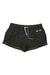 Vuori Womens Clementine 2.5 Inch Short: dark green athletic shorts for women, featuring an elastic waistband, white drawstring, right zip pocket, and made from quick-drying recycled materials. Shown flat against a white background.