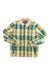 The Toad & Co Men's Burntside Trucker Jacket features a yellow, green, and blue plaid pattern with a sherpa-lined collar, front zipper, long sleeves, and two zippered side pockets, shown laid flat on a white background.