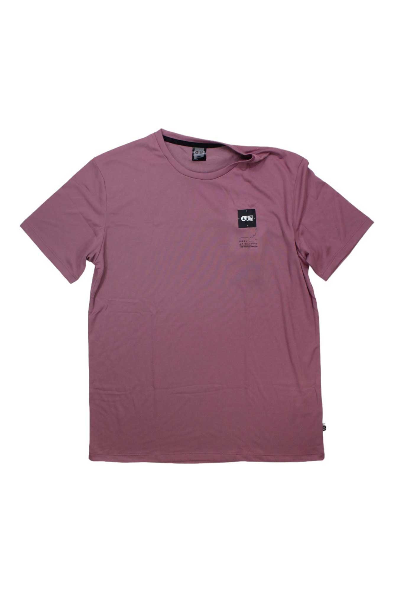 The Picture Men's Dephi Tech Tee is a plain mauve short-sleeve shirt with a small black and white logo patch on the left chest and moisture-wicking fabric, shown laid flat on a white background.