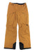 The Outdoor Research Mens Snowcrew Pant is a pair of mustard yellow ski pants for men featuring black reinforced cuffs, zippered pockets, belt loops, and the OR logo on the left thigh.