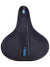 The Serfas Womens FSW-280 Cruiser Dual Density Saddle is a wide black seat with visible stitching, "DUAL DENSITY" and "GEL" in blue and white on top, featuring a smooth surface and contoured design for enhanced comfort.