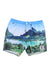 The Roark Men's Hinano Shorey 16 Inch Sun God Boardshort features a tropical landscape print with mountains, palm trees, and water, a white drawstring, round logo patch on one leg, and comfy 4-way stretch fabric.