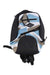 The Sherpani Women's Vespa Backpack features a geometric pattern in blue, beige, white, and black. Made from recycled materials, it includes two zippered front pockets, black straps, and a visible Sheppon brand label on the front.