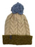 Cable-knit beanie with pom-pom, beige body, olive cuff, Pistil tag
