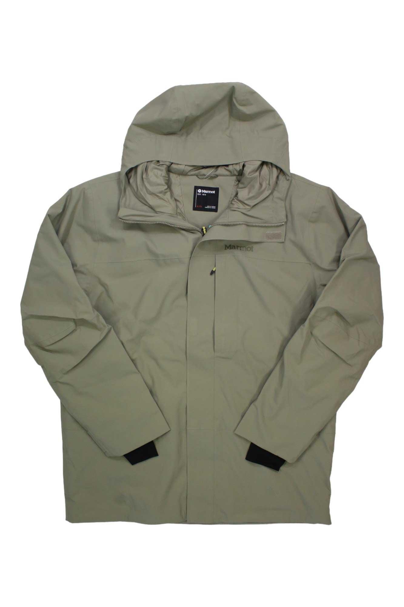 A light gray Mens Elevation Jacket by Marmot with a hood, long sleeves, zipper closure, chest pocket, and front Marmot logo. The waterproof, breathable jacket is laid flat on a white background.