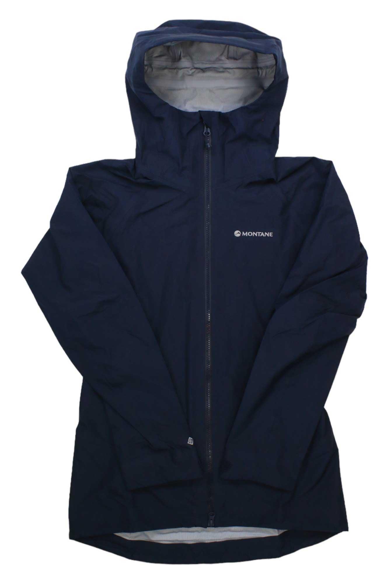 The Montane Womens Phase Jacket in navy blue features a front zipper and the Montane logo on the left chest, shown laid flat on a white background.
