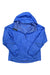 Bright blue Outdoor Research Women's Helium Rain Jacket, featuring a front zipper, long sleeves, and ultralight waterproof fabric, is shown laid flat on a white background.