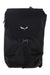 The Salewa Fanes 24L Backpack, shown in black with a minimalist white logo on the flap and secured by a buckle, is made from recycled polyester and features a laptop compartment. Displayed against a plain white background.