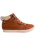 The Saola Women's Wanaka Waterproof Warm Shoe is a brown high-top sneaker with organic cotton laces, white sole, faux fur ankle lining, metal eyelets, side brand tag, and a natural cork insole for comfort.