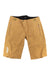 The POC Sports Bastion Short features breathable mustard yellow fabric, zippered side pockets, a black inner waistband, front button closure, and a white POC logo on the left leg—ideal men's trail biking shorts.