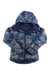 The Outdoor Research Women's Coldfront Down Hoodie in a blue and pink floral pattern features eco-friendly insulation, hood, front zipper, and long sleeves, shown laid flat on a white background.