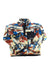 The Spyder Women's Sherman Sherpa Jacket features a colorful abstract pattern in red, blue, black, and yellow, a high collar, black snap buttons, and a logo chest pocket—perfect for cozy layering.