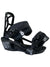 The Rossignol Rookie S Snowboard Bindings are black junior bindings with adjustable straps, metal buckles, and white ROOKIE and ROCKET ANGEL graphics. They feature a sturdy high back and padded footbed for comfort and easy entry.