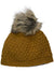 The Lost Horizons Womens Palermo Fleece Lined Beanie features a mustard yellow knit with a thick braided pattern, soft fleece lining for extra warmth, and is topped with a large grey faux fur pom-pom.