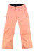 Norrona Womens Lofoten GORE-TEX Insulated Snow Pants in peach, featuring multiple zippered pockets, belt loops, reinforced knees, and adjustable waist tabs, shown laid flat on a white background.