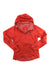 The Outdoor Research Women's Helium Rain Jacket in bright red is an ultralight, waterproof jacket with a full front zipper, two zippered side pockets, and the OR logo on the chest, shown laid flat on a white background.
