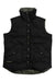 The Powderhorn Mens The Original Leather Vest is a black, sleeveless, water-repellent vest with a high collar, button closure, two front pockets, subtle POWDERHORN branding near the hem, and an olive green interior lining.