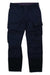 A pair of Helly Hansen Mens Oxford Work Pant in dark navy, featuring multiple pockets, a side pocket, and reinforced knee fabric, is laid flat on a white background.