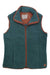 The Royal Robbins Women's Urbanesque Vest is a sleeveless teal fleece vest made from recycled polyester, featuring a zip-up front, brown trim, two front pockets, and a high collar, shown flat on a white background.